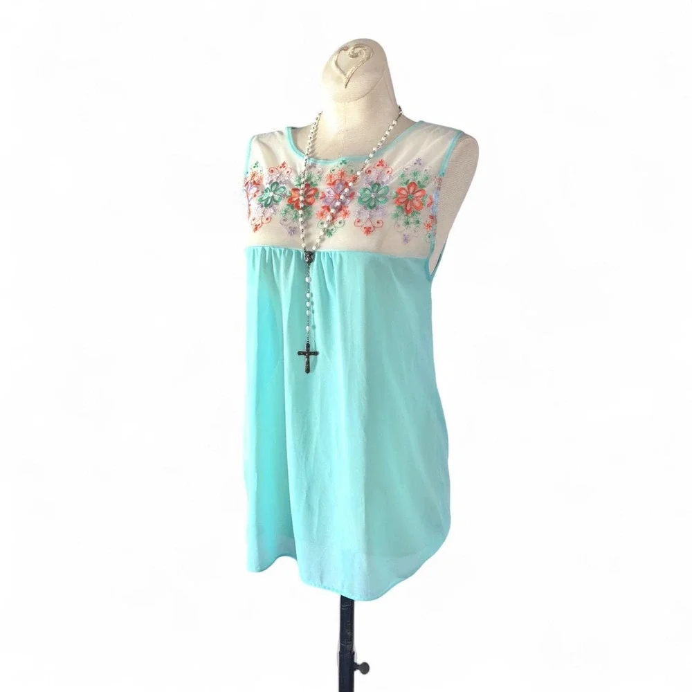Vintage 60s Mod Babydoll‎ Nightie Pastel Blue Embroidered Floral Mini Slip S - Picture 4 of 6